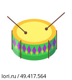 Drum with sticks cartoon icon. Snare or side drum with decorated colored rhombuses sides and ball tip drumsticks flat vector isolated on white background. Percussion musical instrument illustration. Стоковая иллюстрация, агентство Ingram Publishing / Фотобанк Лори
