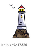 Tall beacon with light on rock and small birds that fly by. Special construction on water surface to make signals for ships vector illustration.. Tall Beacon with Light on Rock and Small Birds. Стоковая иллюстрация, агентство Ingram Publishing / Фотобанк Лори