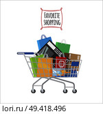 Favorite Shopping conceptual banner. Shopping trolley full of bags and boxes on white background. Shopping-themed isolated vector illustration of cart with different stuff. Biggest dream of shopaholic.. Shopping Trolley with Purchases. Favorite Shopping. Стоковая иллюстрация, агентство Ingram Publishing / Фотобанк Лори