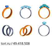 Collection of engagement silver golden and platinum rings isolated on white background. Rings with precious stones, expensive gems and diamonds. Vector illustration of marriage stylish accessories. Collection of Engagement Rings with Precious Stone. Стоковая иллюстрация, агентство Ingram Publishing / Фотобанк Лори