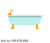 White beaming bath with tiny banded golden legs and shiny faucet. Vector illustration with deep rounded bath isolated on white background. Tub with Golden Faucet Icon Vector Illustration. Стоковая иллюстрация, агентство Ingram Publishing / Фотобанк Лори