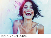 A woman with her face covered in streaks of blood, showcasing a grim and unsettling image. Стоковое AI-изображение, AI-художник Данила Большаков / Фотобанк Лори