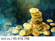 A collection of gold coins piled high on a table, shimmering in the light. Стоковое AI-изображение, AI-художник Данила Большаков / Фотобанк Лори