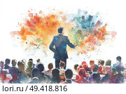 A man stands confidently in front of a varied crowd of people, appearing to address them in a public setting. Стоковое AI-изображение, AI-художник Данила Большаков / Фотобанк Лори