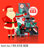 Christmas big sale from Santa Claus in storehouse. Selling electrical power and modern devices big refrigerator, modern new camera, joystick for playstation, nowaday microwave vector illustration. Christmas Big Sale from Santa Claus in Storehouse. Стоковая иллюстрация, агентство Ingram Publishing / Фотобанк Лори