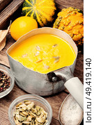 Autumn pumpkin soup in retro saucepan. Autumn food. Pumpkin cream soup in bowl. Стоковое фото, агентство Ingram Publishing / Фотобанк Лори
