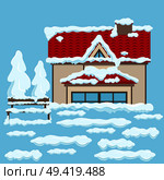 House with two floors, red roof, beige wall, french and triangular windows and wooden brown bench near under white snow on light blue background. Vector illustration of snowy winter weather.. House with Red Roof and Bench near under Snow. Стоковая иллюстрация, агентство Ingram Publishing / Фотобанк Лори
