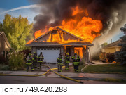 Firemen standing in uniform in front of a residential house. They are prepared to respond to emergencies and ensure the safety of the property and occupants. Стоковое AI-изображение, AI-художник Данила Большаков / Фотобанк Лори