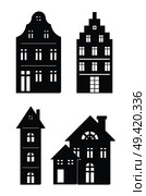 Black silhouettes of buildings isolated on white background. Vector illustration with set of different black houses with weird roofs and windows. Black Silhouettes of Buildings on White Background. Стоковая иллюстрация, агентство Ingram Publishing / Фотобанк Лори