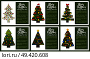 Merry Christmas Happy New Year poster with abstract spruces with garlands and toys, topped by hat or star vector tree symbols with decorative elements. Merry Christmas and Happy New Year Poster Tree Set. Стоковая иллюстрация, агентство Ingram Publishing / Фотобанк Лори