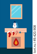 Fireplace with snowman toy and Christmas tree and socks for present from Santa. Vector illustration with festive decorations on blue background. Fireplace with Snowman Toy Vector Illustration. Стоковая иллюстрация, агентство Ingram Publishing / Фотобанк Лори