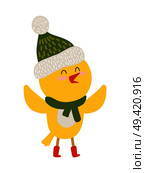 Yellow chicken in scarf icon isolated on white background. Vector illustration with happy bird in green knitted hat with white bubo and red shoes. Yellow Chiken in Scarf Icon Vector Illustration. Стоковая иллюстрация, агентство Ingram Publishing / Фотобанк Лори