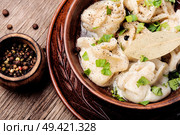 Russian meat dumplings pelmeni on wooden rustic background.Russian pelmeni. Ukrainian pelmeni on plate. Стоковое фото, агентство Ingram Publishing / Фотобанк Лори