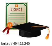 Square academic hat with tassel and licence with stamp vector. Mortarboard cap and diploma symbols of magisters graduation from university. Square Academic Hat with Tassel and Licence. Стоковая иллюстрация, агентство Ingram Publishing / Фотобанк Лори