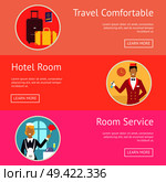 Travel comfortable, hotel room and room service demonstration with icons of baggage and hotel staff. Vector illustration developed for web page design. Travel Comfortable Wish and Hotel Services. Стоковая иллюстрация, агентство Ingram Publishing / Фотобанк Лори