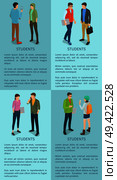 Students isolated vector illustration on collection of posters with light blue background. Cartoon style casually-dressed men and women during break. Students Isolated on Posters with Blue Background. Стоковая иллюстрация, агентство Ingram Publishing / Фотобанк Лори