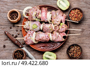 Fresh raw beef meat fillet shish kebab on skewers.Kiwi soaked meat. Raw shish kebab. Стоковое фото, агентство Ingram Publishing / Фотобанк Лори