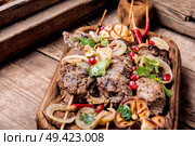 Beef shish kebab.Dishes of oriental cuisine.Eastern food. Shish kebab or shashlik. Стоковое фото, агентство Ingram Publishing / Фотобанк Лори