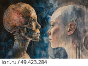 A watercolor artwork showing a stark contrast between life and mortality, with a human and a skull almost touching. Стоковое AI-изображение, AI-художник Данила Большаков / Фотобанк Лори