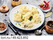 Traditional Russian dish pelmeni.Meat dumplings on rustic background. Dumplings with meat. Стоковое фото, агентство Ingram Publishing / Фотобанк Лори