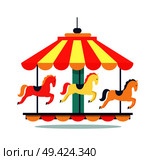 Bright carousel icon isolated on white background. Vector illustration with rotating colorful bright childish merry-go-round with horses and saddles. Bright Revolving Carousel Icon Vector Illustration. Стоковая иллюстрация, агентство Ingram Publishing / Фотобанк Лори