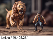 A lion and a man are laying on the ground in close proximity. Стоковое AI-изображение, AI-художник Данила Большаков / Фотобанк Лори