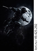 A man is airborne, holding a sword as he leaps through the sky with determination. Стоковое AI-изображение, AI-художник Данила Большаков / Фотобанк Лори
