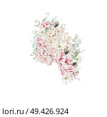 Watercolor wreath with roses flowers, buds and hydrangea. Illustration. Watercolor wreath with roses flowers, buds and hydrangea. Стоковое фото, агентство Ingram Publishing / Фотобанк Лори