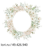 Watercolor wreath with hydrangea flowers and chamomile, green leaves.  Illustration. Watercolor wreath with hydrangea flowers and chamomile, green leaves. . Стоковое фото, агентство Ingram Publishing / Фотобанк Лори