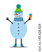 Snowman in winter hat and scarf, with buttons on belly holds ice cream in waffle cone isolated cartoon flat vector illustration on white background.. Snowman in Winter Hat and Scarf Holds Ice Cream. Стоковая иллюстрация, агентство Ingram Publishing / Фотобанк Лори