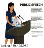 Public speech performed by woman in navy dress with papers and bottle of water on grandstand isolated vector illustration.. Public Speech From Grandstand with Microphones. Стоковая иллюстрация, агентство Ingram Publishing / Фотобанк Лори