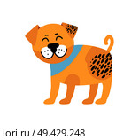 Smiling pug with blue collar on its neck with black spots and raised tail image of dog full of energy vector illustration isolated on white background. Smiling Pug with Collar Image Vector Illustration. Стоковая иллюстрация, агентство Ingram Publishing / Фотобанк Лори