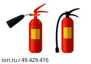 Two extinguishers in red color isolated on white vector colorful illustration in graphic design. Equipment set for firefighting poster. Two Red Extinguishers Isolated on White Poster. Стоковая иллюстрация, агентство Ingram Publishing / Фотобанк Лори