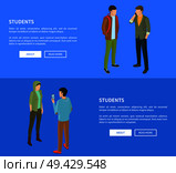 Students cartoon characters web posters vector illustrations with text on blue. College pupils during breaks in modern apparels, faceless people. Students Cartoon Characters Posters Vector Set. Стоковая иллюстрация, агентство Ingram Publishing / Фотобанк Лори