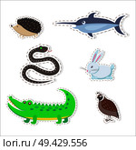 Stickers and icons set of cute wild and domestic animals - Partridge, snake, swordfish, crocodile, hare, hedgehog isolated flat vectors. Bird, mammals, fish and reptiles illustrations outlined with dotted line. Cute Animals Cartoon Flat Vector Stickers Set. Стоковая иллюстрация, агентство Ingram Publishing / Фотобанк Лори