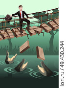 A vector illustration of business risk concept where a businessman walking on a broken bridge with dangerous crocodiles underneath. Стоковая иллюстрация, агентство Ingram Publishing / Фотобанк Лори