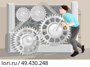 A vector illustration of businessman pushing the gear of a machine . Стоковая иллюстрация, агентство Ingram Publishing / Фотобанк Лори