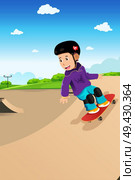 A vector illustration of cute boy playing skateboard in a skate park. Стоковая иллюстрация, агентство Ingram Publishing / Фотобанк Лори