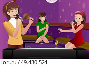 A vector illustration of happy female  friends singing karaoke. Стоковая иллюстрация, агентство Ingram Publishing / Фотобанк Лори