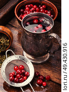 Cranberry tea in a glass cup on wooden table. Aromatic hot tea on wooden table. Стоковое фото, агентство Ingram Publishing / Фотобанк Лори