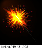 Sparkler on stick poster, Bengal light fired up, symbolic object during celebration of New Year, vector illustration isolated on black and golden. Sparkler on Stick Poster, Vector Illustration. Стоковая иллюстрация, агентство Ingram Publishing / Фотобанк Лори