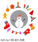Snowman and icons around it, garlands and red bag, mistletoe and bell with bow, mitten and socks, gingerbread man and ball vector illustration. Snowman and Icons Around It Vector Illustration. Стоковая иллюстрация, агентство Ingram Publishing / Фотобанк Лори