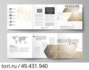 Set of business templates for tri fold square design brochures. Leaflet cover, abstract flat layout, easy editable vector. Technology, science, medical concept. Golden dots and lines, cybernetic digital style. Lines plexus.. Business templates for tri fold square design brochures. Leaflet cover, easy editable vector layout. Technology, science, medical concept. Golden dots and lines, cybernetic digital style. Lines plexus. Стоковая иллюстрация, агентство Ingram Publishing / Фотобанк Лори
