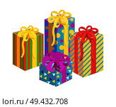 Presents with bows and wrapping of different colorful patterns, Santa Claus factory, happy childhood of kids, vector illustration isolated on white. Presents Bows Santa Factory Vector Illustration. Стоковая иллюстрация, агентство Ingram Publishing / Фотобанк Лори