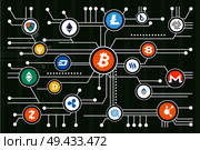 Cryptocurrency mining complicated scheme with colorful icons that correspond to different kinds of digital money cartoon flat vector illustration.. Cryptocurrency Mining Scheme with Colorful Icons. Стоковая иллюстрация, агентство Ingram Publishing / Фотобанк Лори