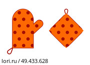 Pair of cute kitchen devices, vector illustration of orange mitten and square cloth with set of red dots and loops, isolated on bright background. Pair of Cute Kitchen Devices Vector Illustration. Стоковая иллюстрация, агентство Ingram Publishing / Фотобанк Лори