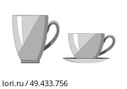Two white cups, bright banner, vector illustration of various build bowls with curved handles, light reflections, small plate under the second tea-cup. Two White Cups Bright Banner Vector Illustration. Стоковая иллюстрация, агентство Ingram Publishing / Фотобанк Лори