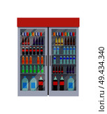 Fridge full of bottles of water, different king of beverage, Coca-Cola and Fanta, liquid in containers, vector illustration isolated on white. Fridge with Bottles of Water Vector Illustration. Стоковая иллюстрация, агентство Ingram Publishing / Фотобанк Лори