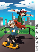 A vector illustration of happy kids playing skateboard in a skate park. Стоковая иллюстрация, агентство Ingram Publishing / Фотобанк Лори
