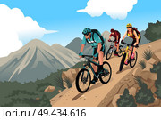 A vector illustration of mountain bikers in the mountain. Стоковая иллюстрация, агентство Ingram Publishing / Фотобанк Лори